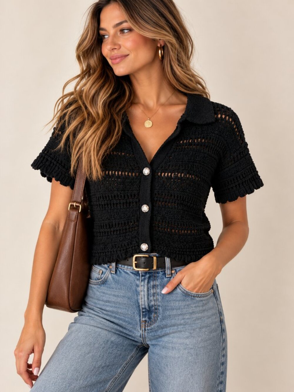 Blue Rain Francesca’s Black Crochet Cardigan M Cropped Boho Coastal Grandma